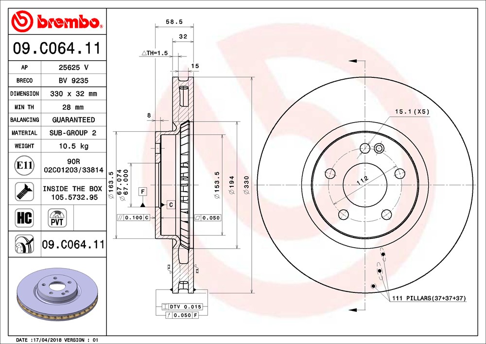 Mercedes Brembo Disc Brake Rotor - Front (330mm) 4474210012